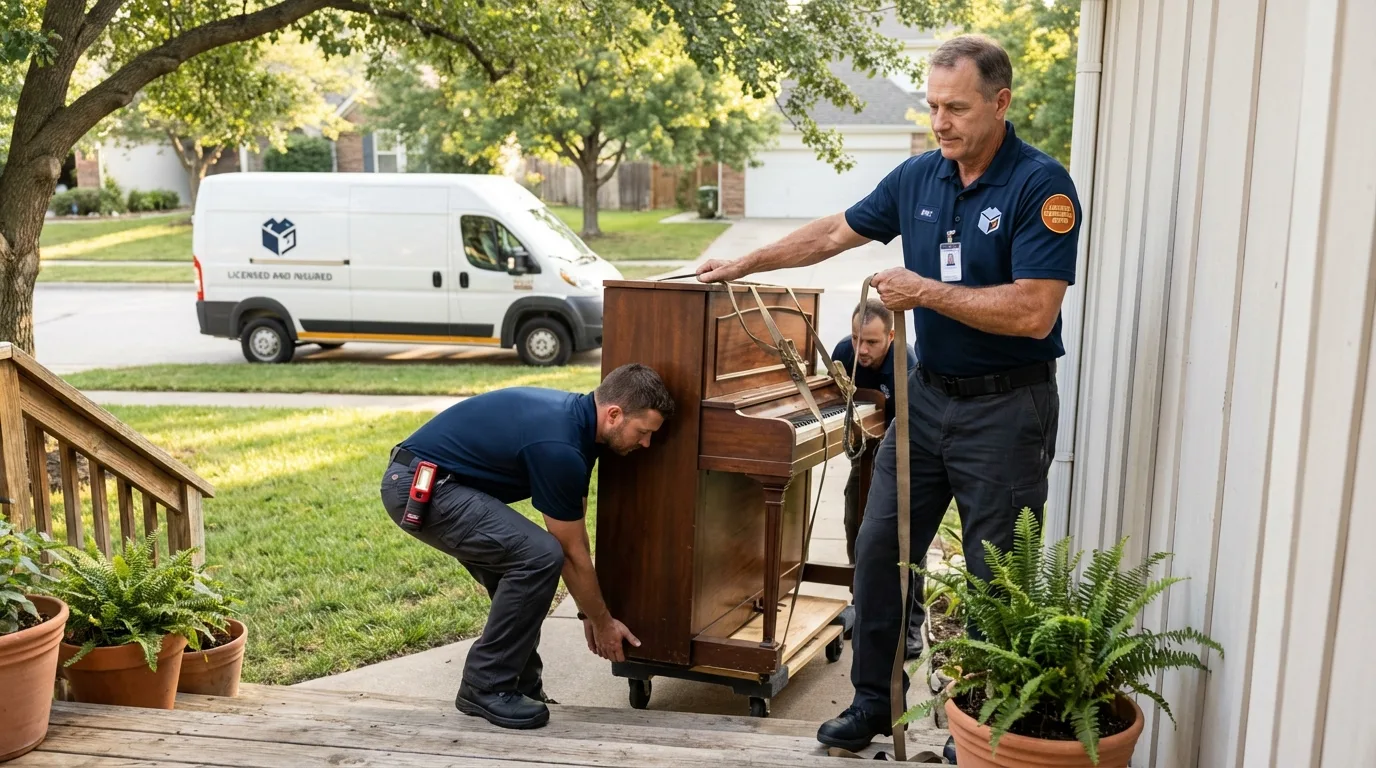 Licensed piano movers securing grand piano in Pierson, FL