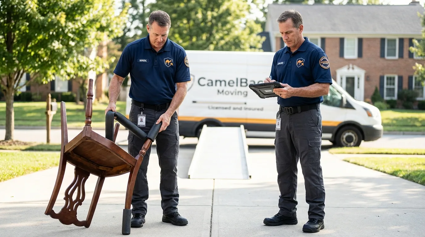 Movers inspecting furniture for damage prevention before loading in Pierson, FL